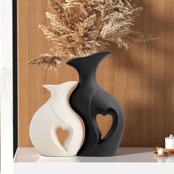 Black and White Vase Heart Shape Ceramic Vase Set of 2Modern Boho Hollow Flower
